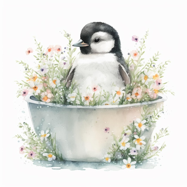 There is a bird sitting in a flower pot with flowers generative ai