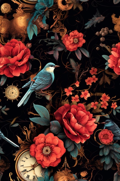 There is a bird sitting on a flower with a clock in the background generative ai