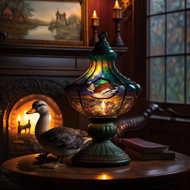 there is a bird sitting on a table next to a lamp generative ai