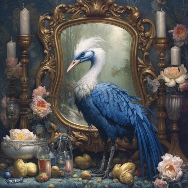 There is a bird standing in front of a mirror with fruit and flowers generative ai