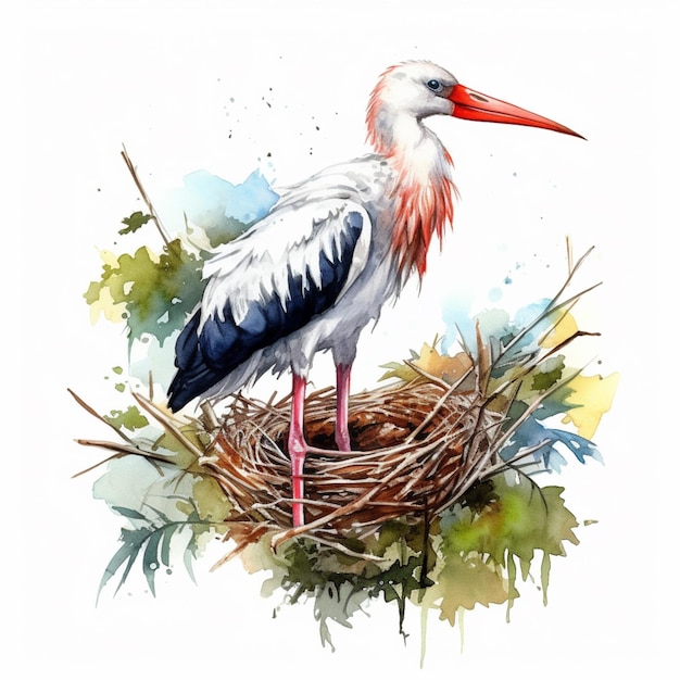 There is a bird standing on a nest with a red beak generative ai