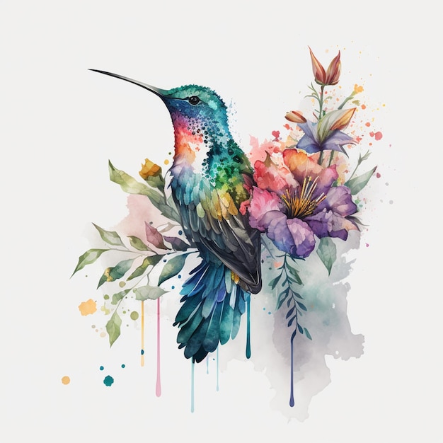 There is a bird that is sitting on a branch with flowers generative ai