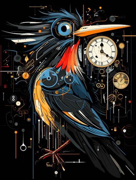 There is a bird that is sitting on a clock with a black background generative ai