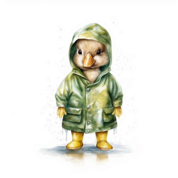 There is a bird wearing a raincoat and rubber boots generative ai