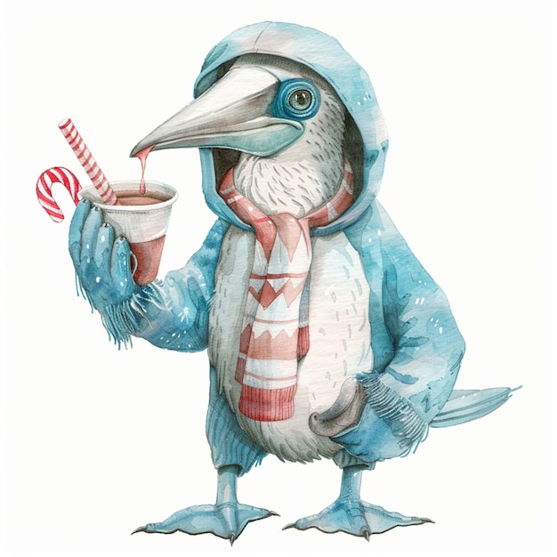 Photo there is a bird with a scarf and a cup of coffee generative ai