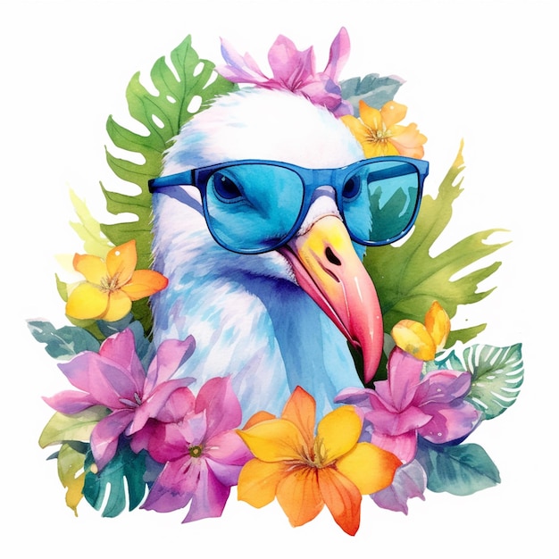 There is a bird with sunglasses and flowers around it generative ai