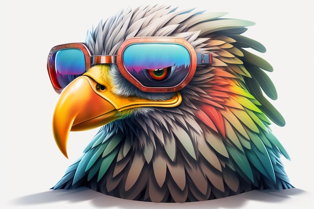 There is a bird with sunglasses on its head and a colorful beak generative ai