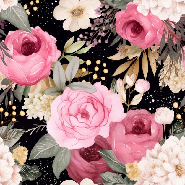 there is a black background with a bunch of pink and white flowers generative ai