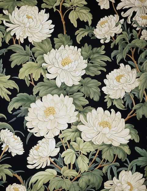 There is a black background with white flowers and green leaves generative ai