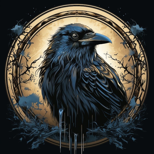 There is a black bird sitting on a branch in front of a full moon generative ai