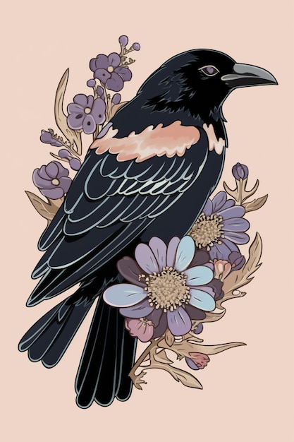 there is a black bird sitting on a branch with flowers generative ai