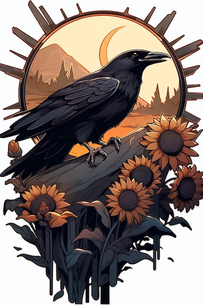 there is a black bird sitting on a tree branch in front of sunflowers generative ai