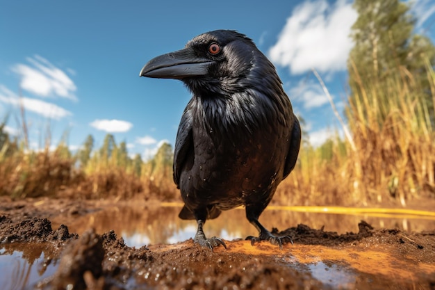 There is a black bird standing on the ground near a puddle of water generative ai