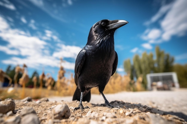 There is a black bird standing on a pile of rocks generative ai