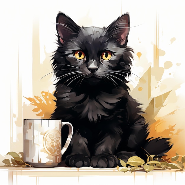 There is a black cat sitting next to a coffee cup generative ai