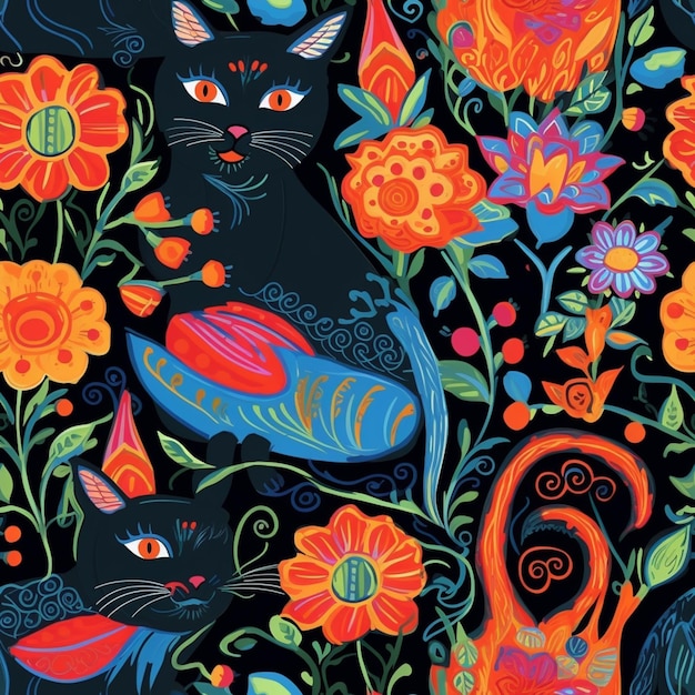 There is a black cat sitting in a colorful floral garden generative ai