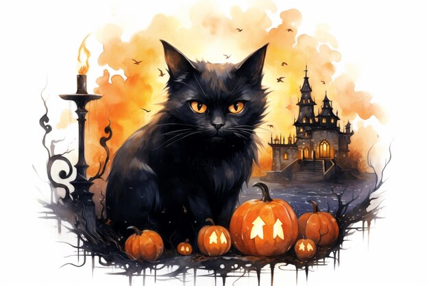 There is a black cat sitting in front of a castle with pumpkins generative ai