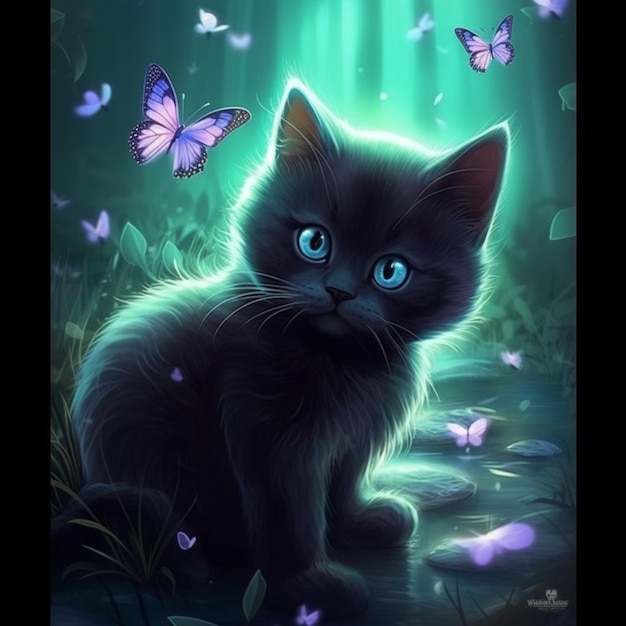 There is a black cat sitting in the grass with butterflies generative ai