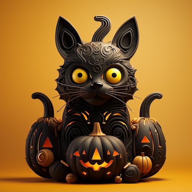 there is a black cat sitting on a pumpkin with two jack olanterns generative ai