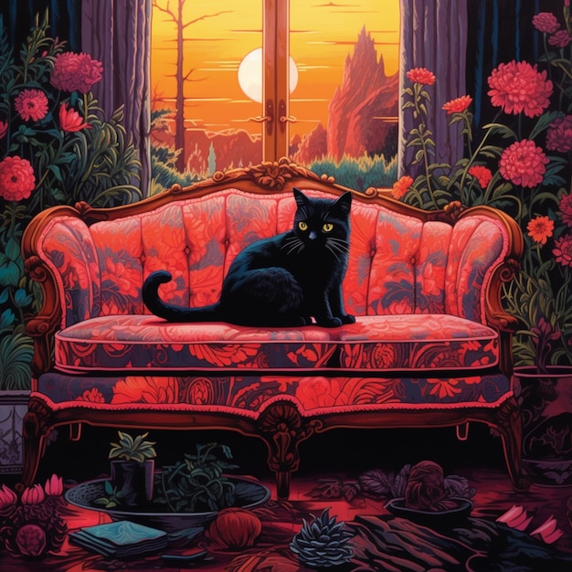 There is a black cat sitting on a red couch in a room generative ai