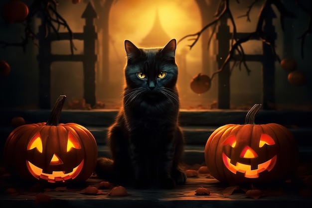 there is a black cat sitting next to two carved pumpkins generative ai