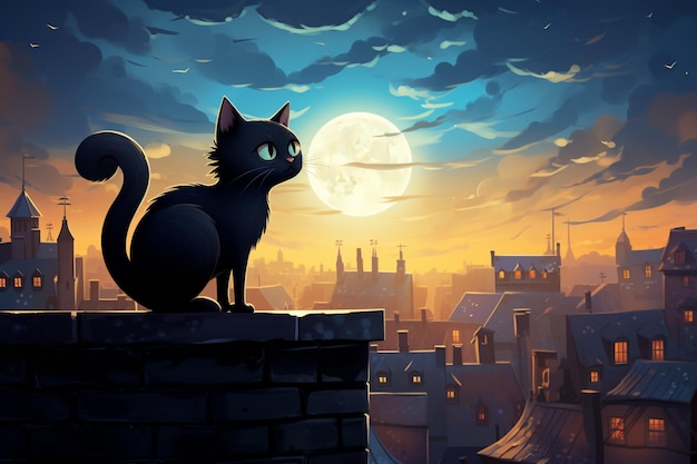 There is a black cat sitting on a wall looking at the moon generative ai