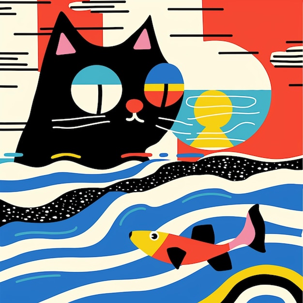 there is a black cat that is looking at a fish generative ai