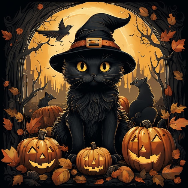 there is a black cat wearing a witch hat sitting in a field of pumpkins generative ai