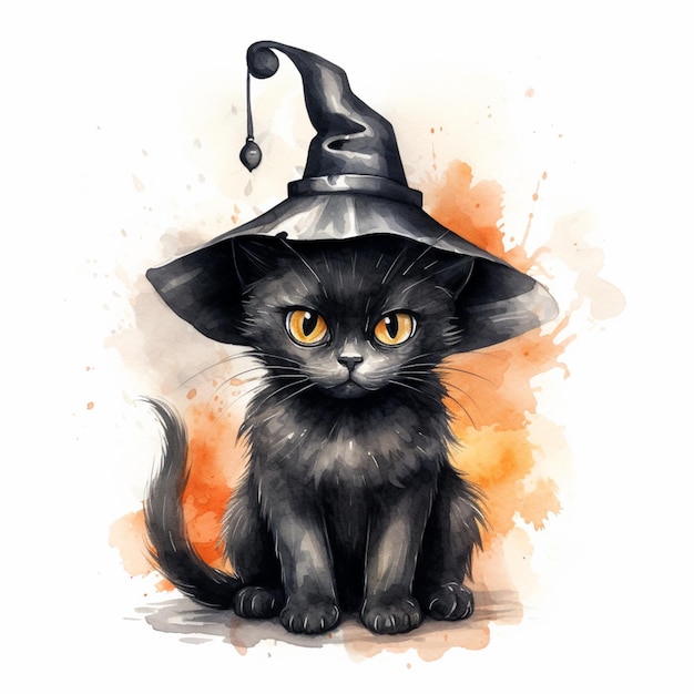 there is a black cat wearing a witches hat and sitting generative ai