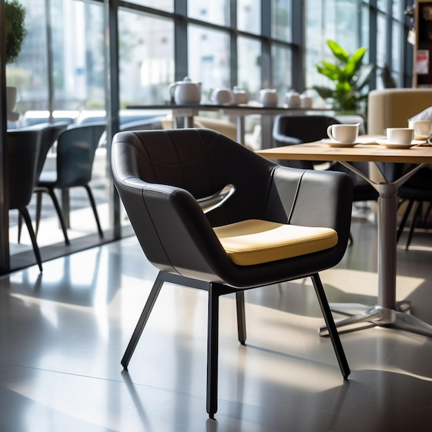 There is a black chair with a yellow seat in a restaurant generative ai