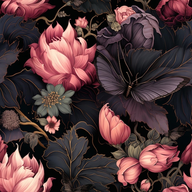 there is a black and pink floral pattern with butterflies generative ai