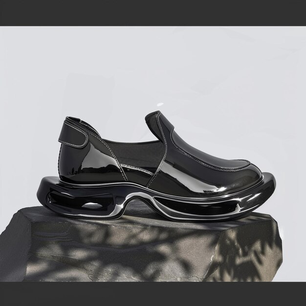 Photo there is a black shoe that is sitting on a rock generative ai