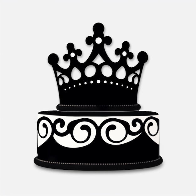 There is a black and white cake with a crown on top generative ai