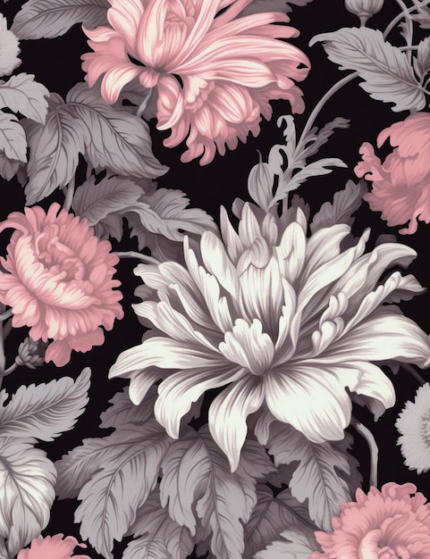 There is a black and white floral wallpaper with pink flowers generative ai