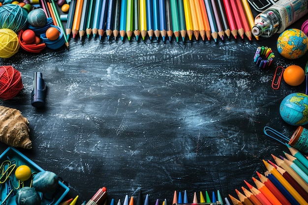 There is a blackboard with a lot of school supplies on it