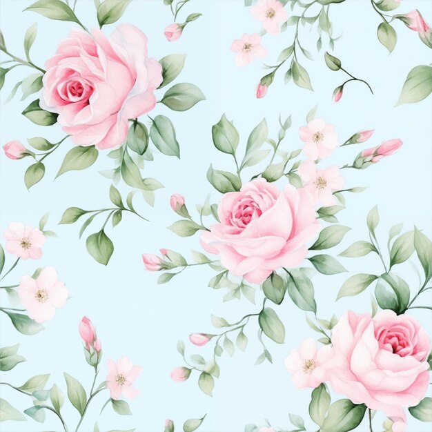 there is a blue background with pink flowers and green leaves generative ai