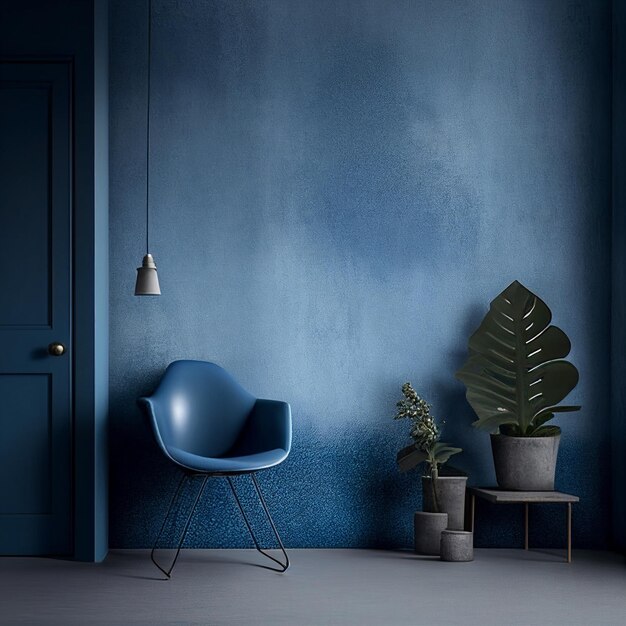 there is a blue chair and a plant in a room generative ai