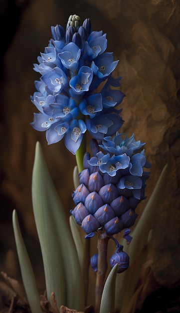 There is a blue flower that growing out of the ground generative ai