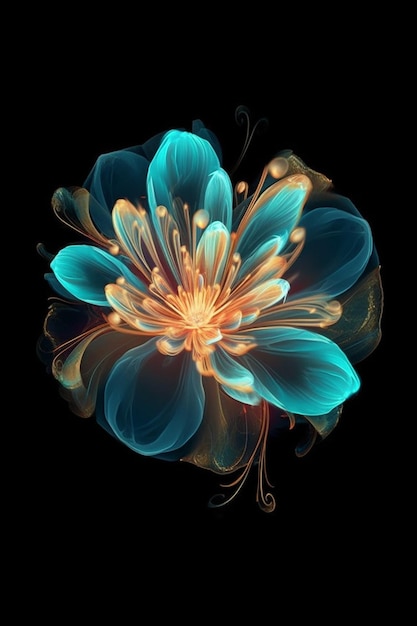 there is a blue flower with yellow petals on a black background generative ai