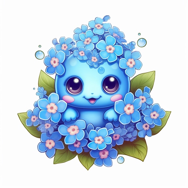 There is a blue flowered creature with a bunch of blue flowers generative ai