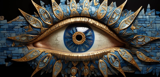 there is a blue and gold eye with a gold decoration generative ai