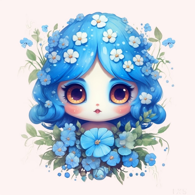 There is a blue haired girl with blue flowers on her head generative ai