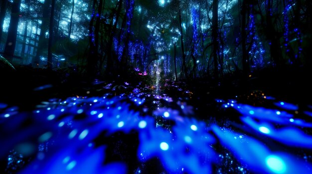 there is a blue light in the middle of a forest generative ai