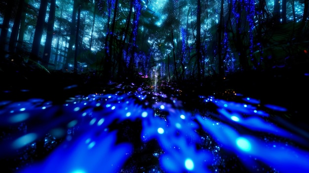 Photo there is a blue light trail in the middle of a forest generative ai