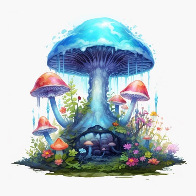 There is a blue mushroom house with a waterfall coming out of it generative ai