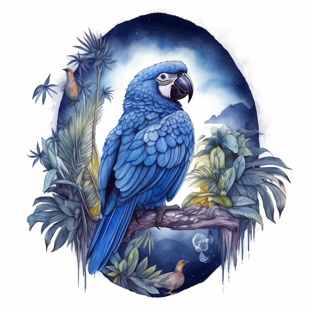 There is a blue parrot sitting on a branch in the night generative ai