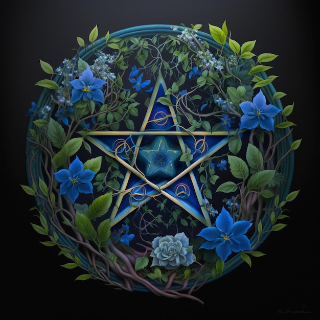 There is a blue pentagram surrounded by blue flowers and leaves generative ai