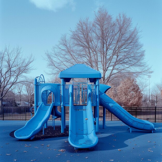 there is a blue slide in the middle of a playground generative ai