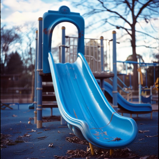 there is a blue slide in the middle of a playground generative ai