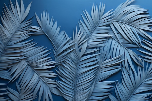 There is a blue wall with a bunch of palm leaves on it generative ai